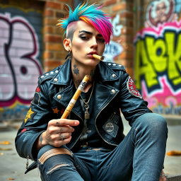 A punk character with vibrant colored hair, wearing a leather jacket adorned with patches and studs, sitting casually in an urban setting