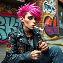 A punk character with vibrant colored hair, wearing a leather jacket adorned with patches and studs, sitting casually in an urban setting