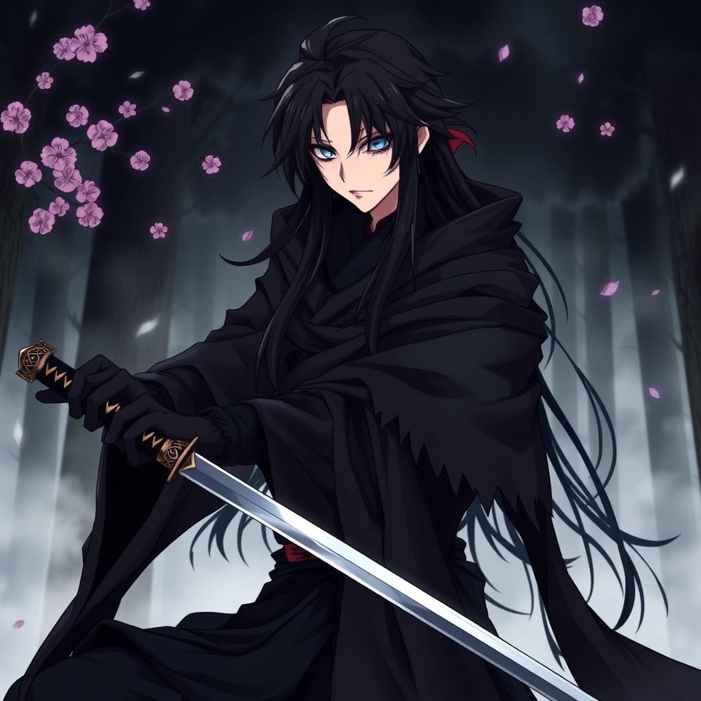 A character inspired by Zenitsu from the anime Demon Slayer, featuring long black hair and wearing a tattered black cloak