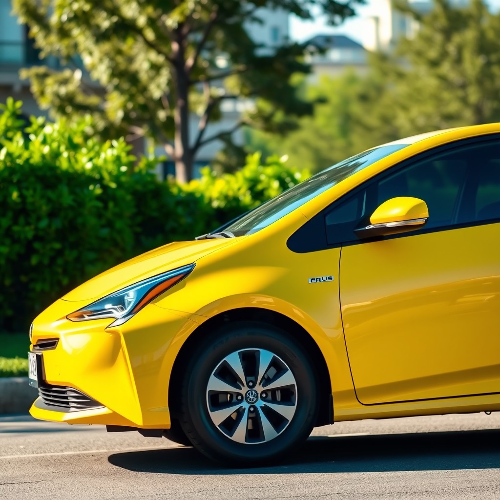 A sleek and stylish Toyota Prius 20 model, painted in a vibrant RAL 1037 Sun Yellow color