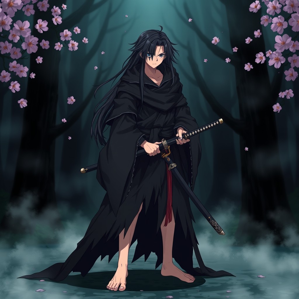 A character inspired by Zenitsu from the anime Demon Slayer, featuring long black hair and wearing a tattered black cloak