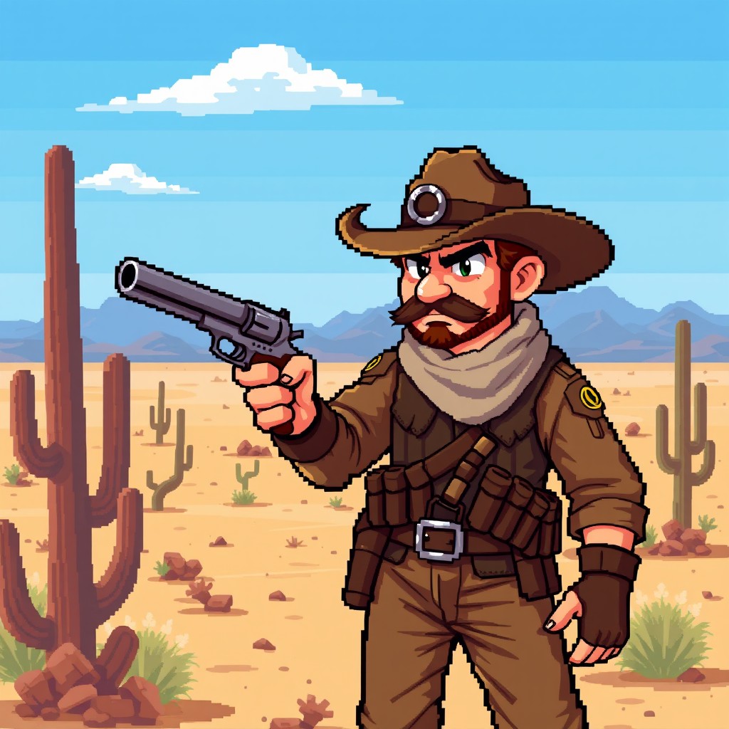 A pixel art depiction of a soldier gun slinger character, wearing a rugged military uniform with a distinctive hat and a bandolier filled with ammunition