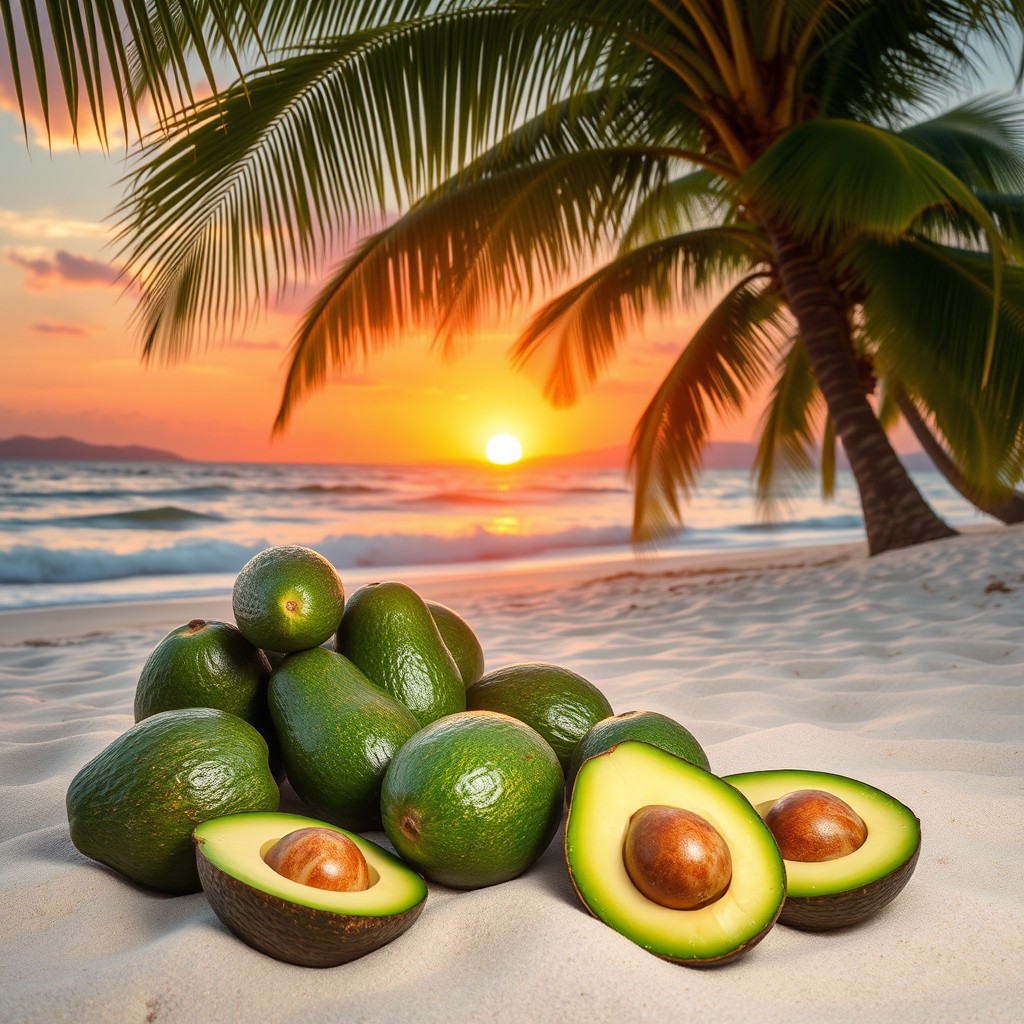 A beautiful, tropical beach scene featuring a serene and stunning sunset