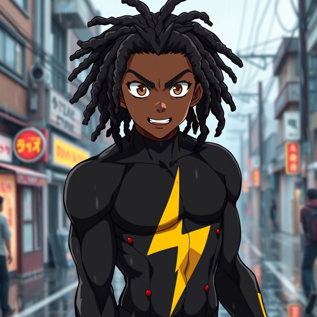 An attractive anime boy with dark skin, featuring free-form dreadlocks and expressive brown eyes