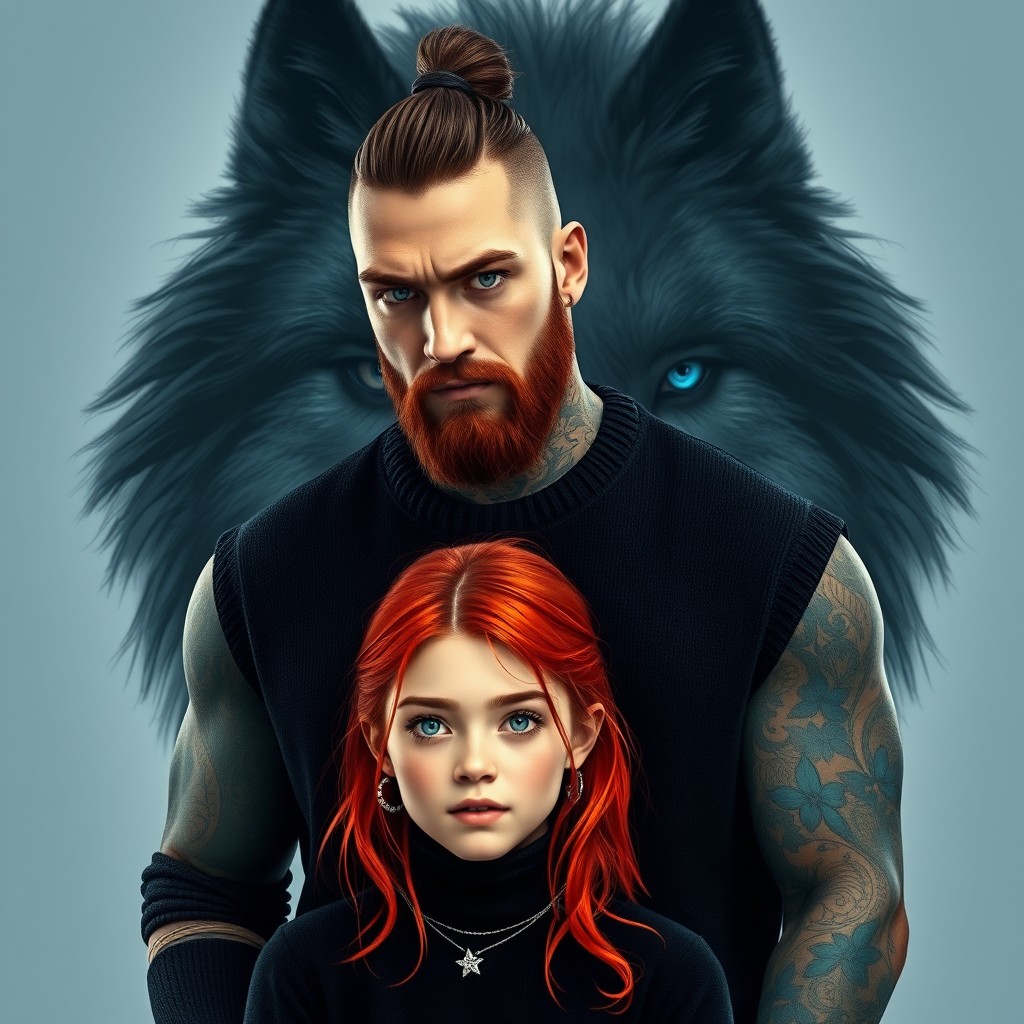 A tall, imposing man with a samurai-style topknot, striking blue eyes, and a full-body tattoo in a mafia style stands confidently with a delicate 20-year-old boy beside him