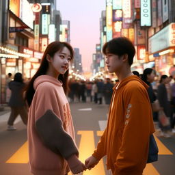 A captivating image of a Korean girl and a boy, above 15, making eye contact and holding hands on a bustling road, each dressed in clothes featuring the letter 'S'.