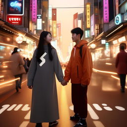 A captivating image of a Korean girl and a boy, above 15, making eye contact and holding hands on a bustling road, each dressed in clothes featuring the letter 'S'.