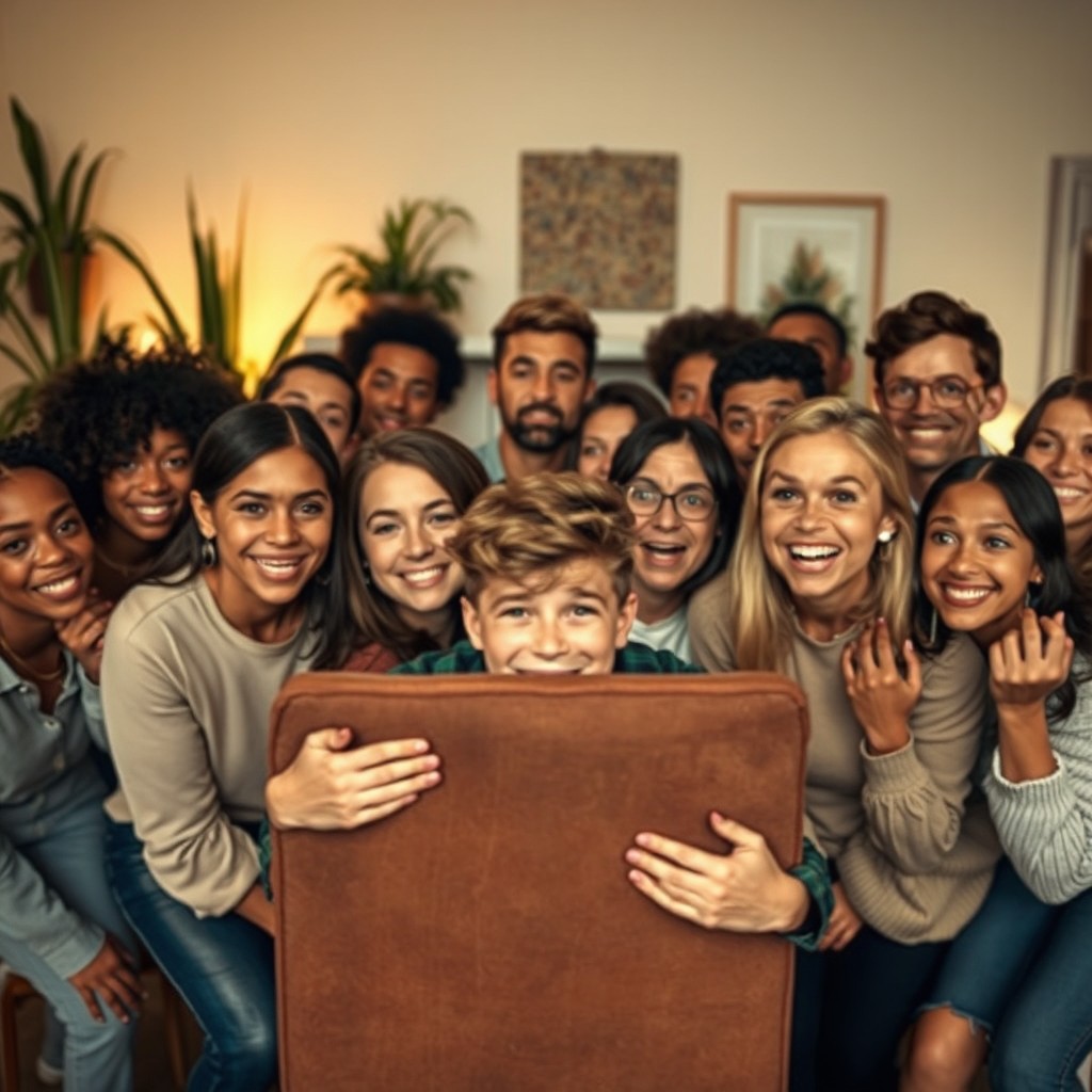 A person hiding behind a chair while a diverse group of individuals of various genders and ages looks on in a curious and engaging manner
