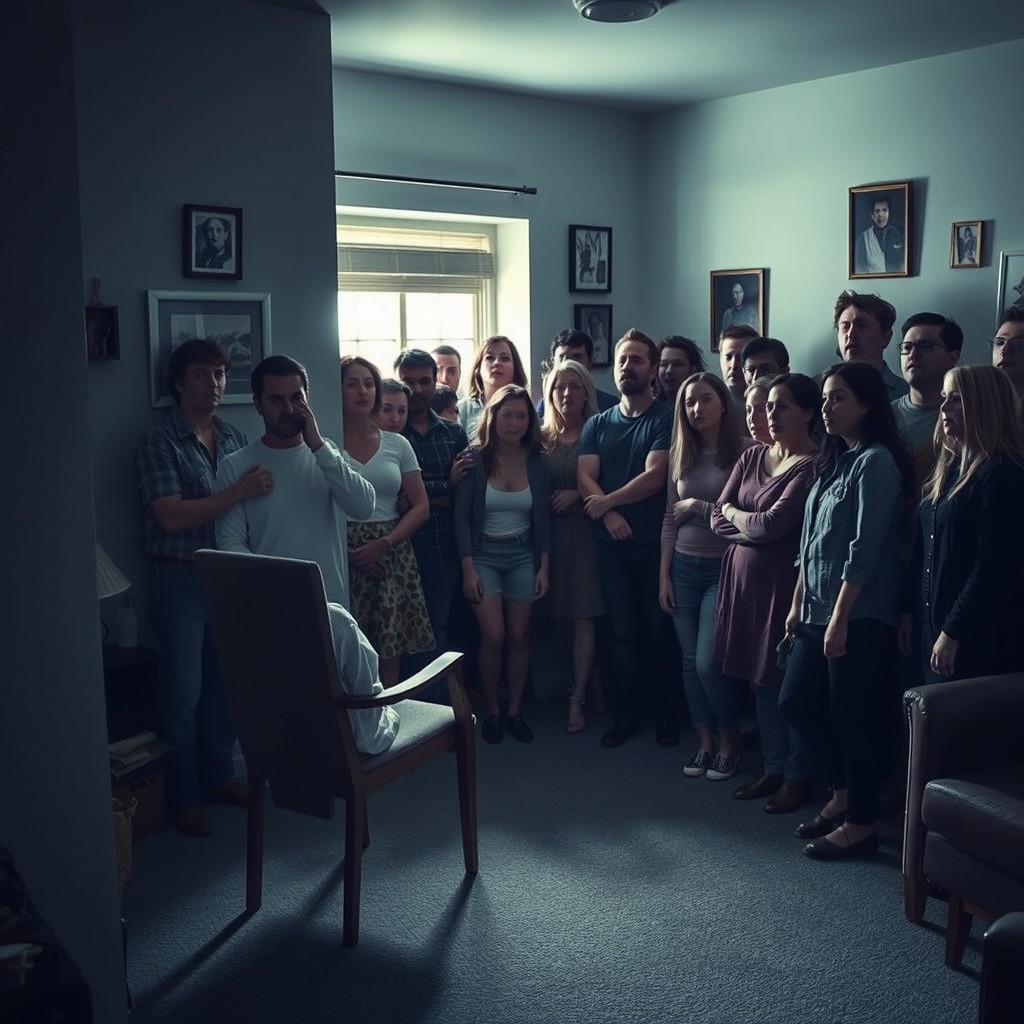 A person in one corner of a room hiding behind a chair, looking anxious as a diverse group of individuals of various genders and ages stands in a crowd at the opposite corner shouting towards them