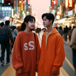 A captivating image of a Korean girl and a boy, above 15, making eye contact and holding hands on a bustling road, each dressed in clothes featuring the letter 'S'.