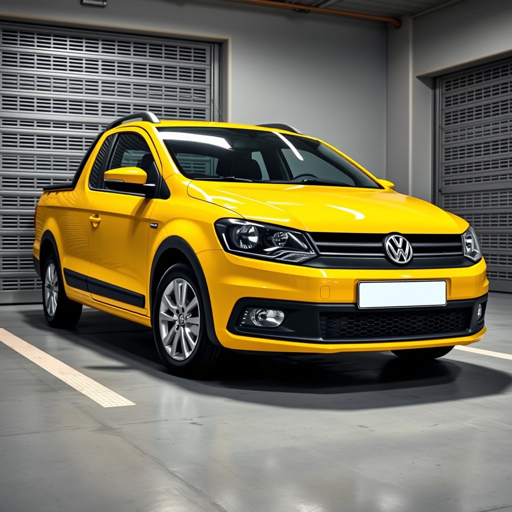 A vibrant yellow Volkswagen Saveiro car parked inside a garage