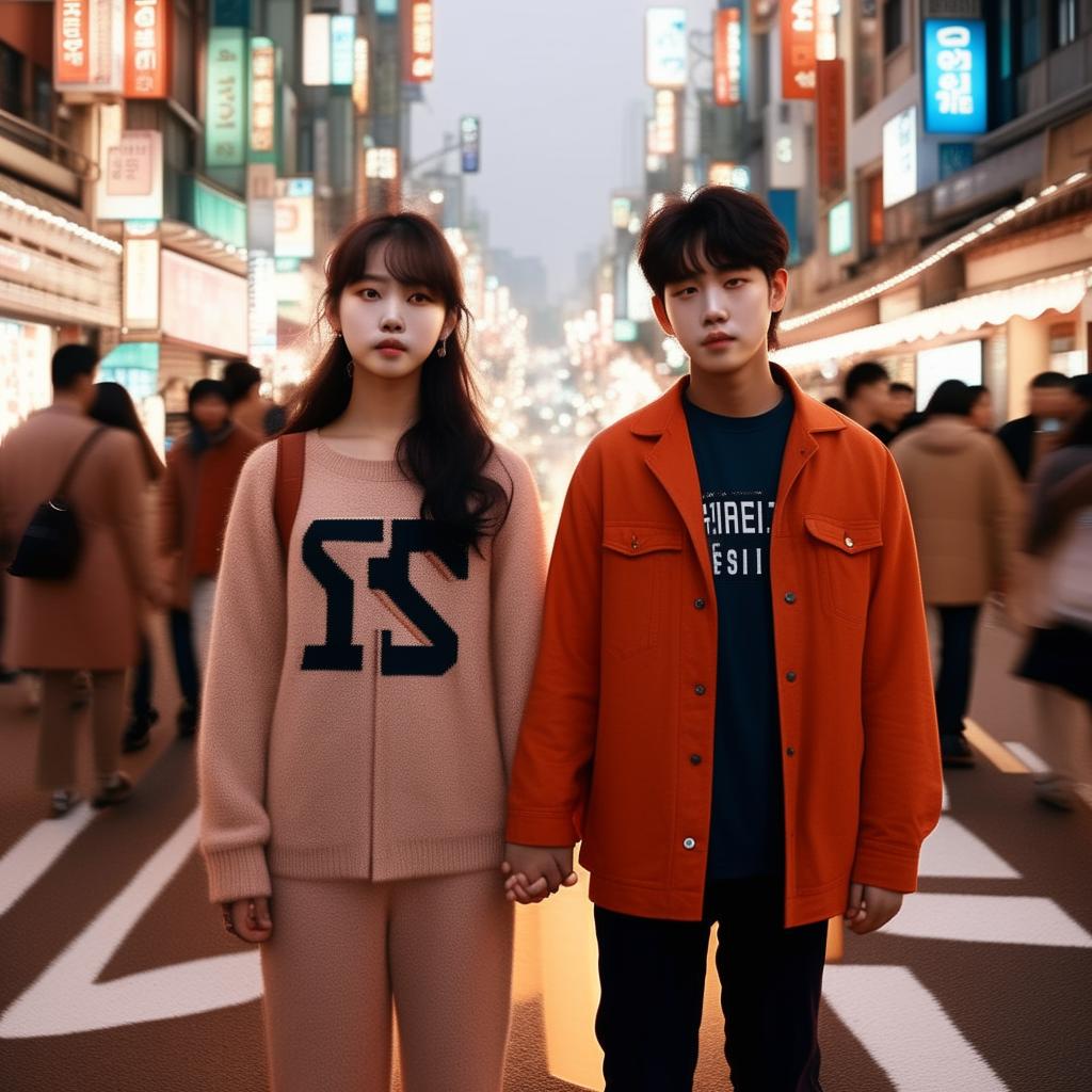 A captivating image of a Korean girl and a boy, above 15, making eye contact and holding hands on a bustling road, each dressed in clothes featuring the letter 'S'.