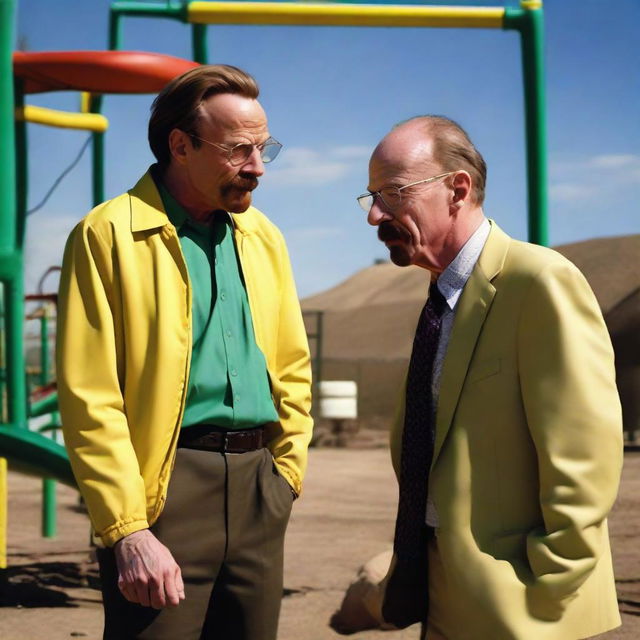 Saul Goodman and Walter White from Breaking Bad, getting close to each other in a lively playground