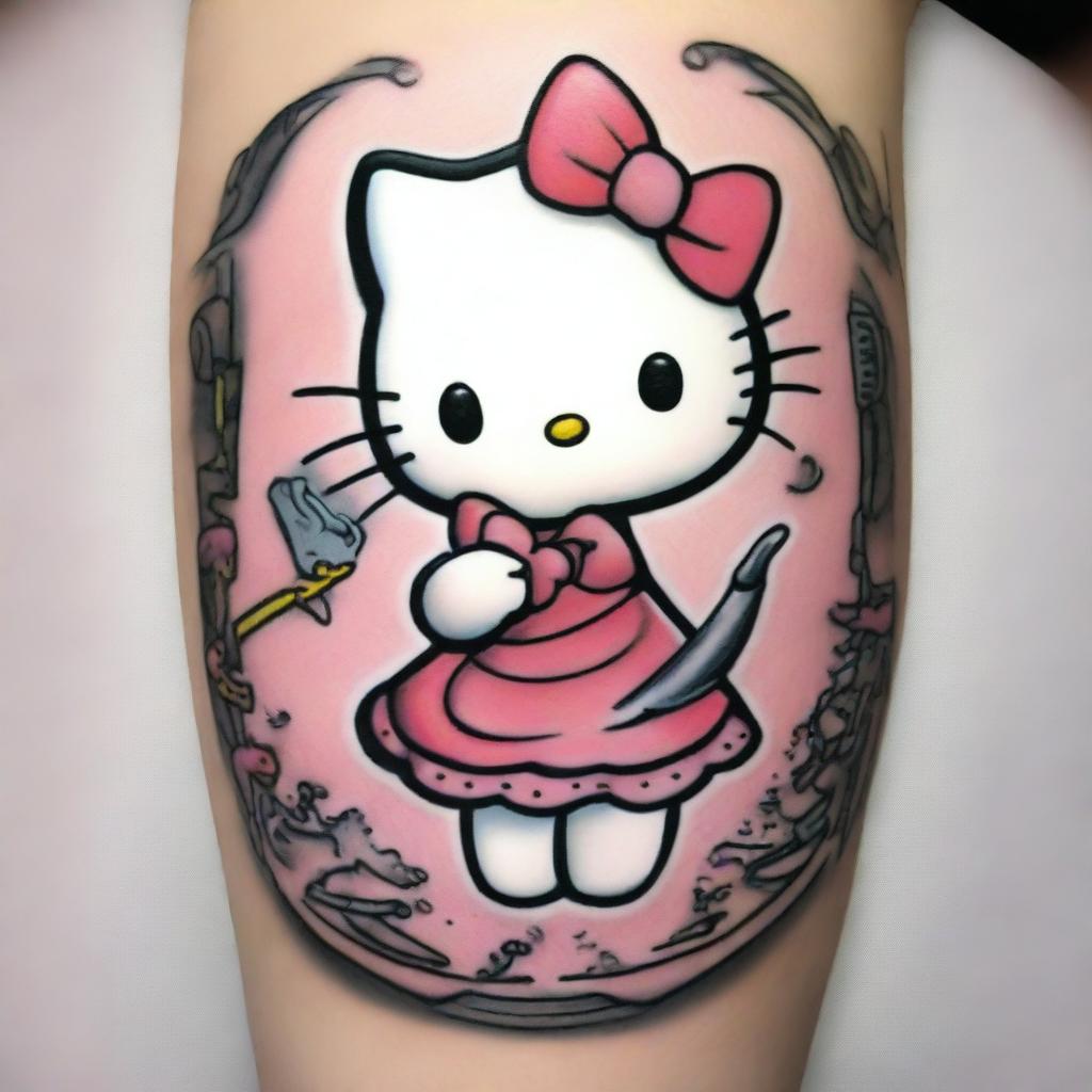 This is a high-quality digital art image showcasing the beloved character, Hello Kitty, in a tattoo shop setting