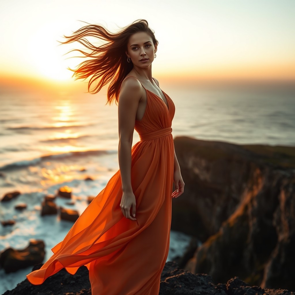 A breathtaking view of the dramatic coastal cliffs of Ireland during sunset, capturing an elegant model named Nava in stunning apricot dresses