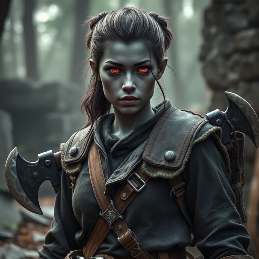 A young half-orc barbarian female, approximately 180 cm tall and weighing 70 kg