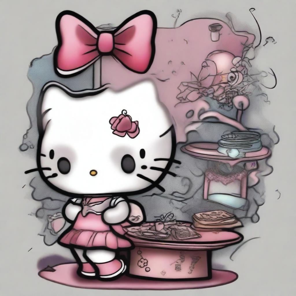 This is a high-quality digital art image showcasing the beloved character, Hello Kitty, in a tattoo shop setting