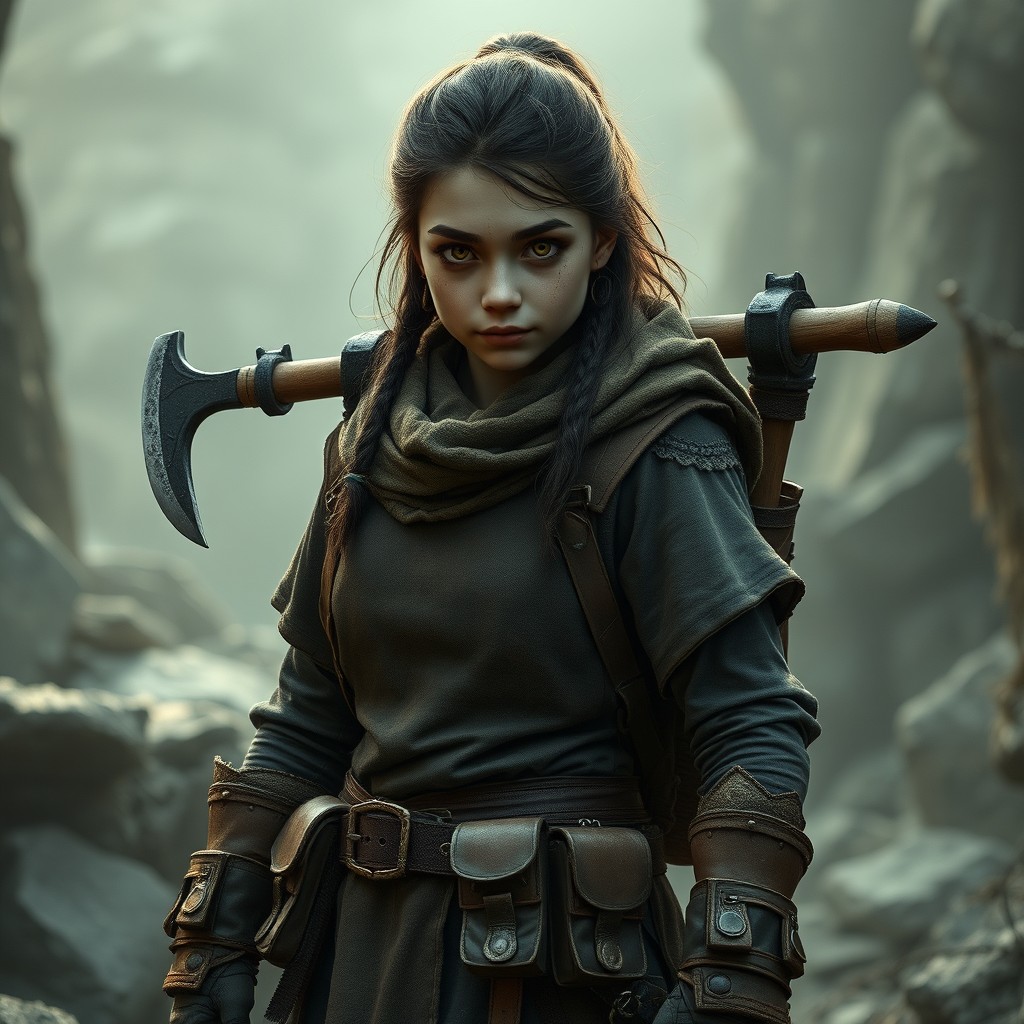 A teenage half-orc barbarian female, standing 180 cm tall and weighing 70 kg with a bulky build