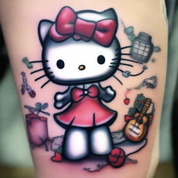 This is a high-quality digital art image showcasing the beloved character, Hello Kitty, in a tattoo shop setting