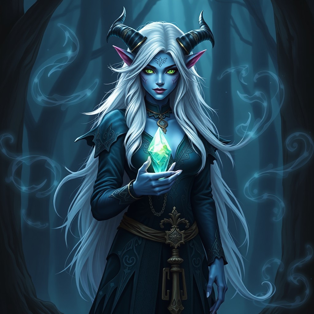 A captivating blue female tiefling warlock standing confidently in a dark, enchanted forest