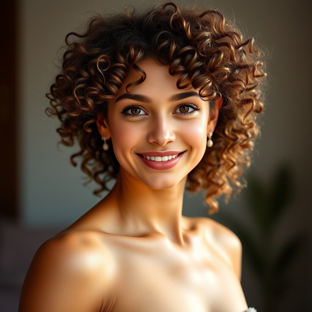 An androgynous female with beautiful Adonis-style brown curls framing her face, light brown eyes sparkling with joy, and charming dimples that appear when she smiles