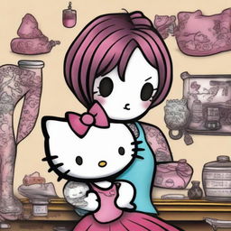 This is a high-quality digital art image showcasing the beloved character, Hello Kitty, in a tattoo shop setting