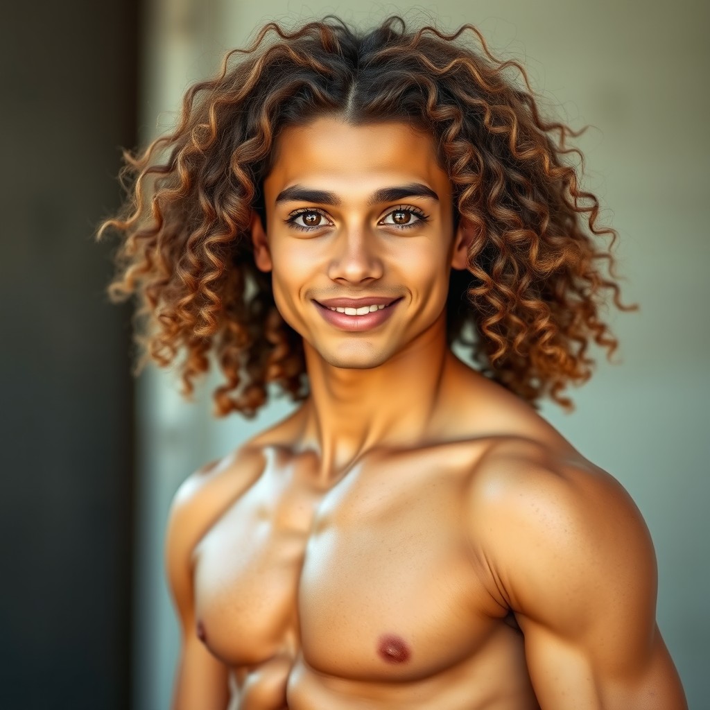 A masculine androgynous female character with striking light brown eyes, adorned with beautiful Adonis curls that cascade around her strong features