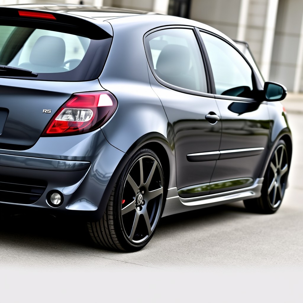 A stunning dark gray 2006 Clio car, equipped with 15-inch black hubcaps and featuring sleek black headlight masks