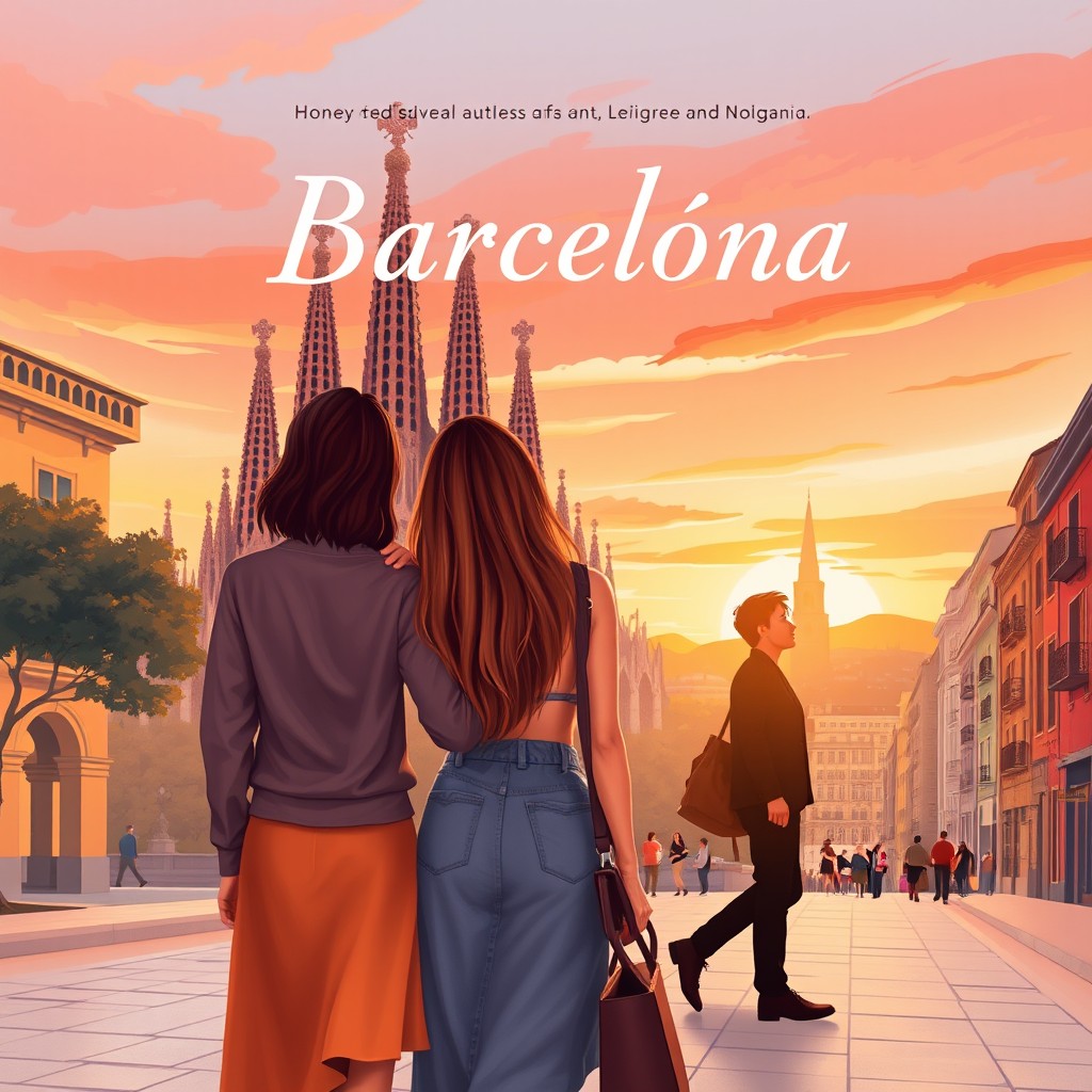 A romantic and emotional book cover illustrating Barcelona at sunset, featuring the Sagrada Família and colorful streets of the Gothic Quarter in the background