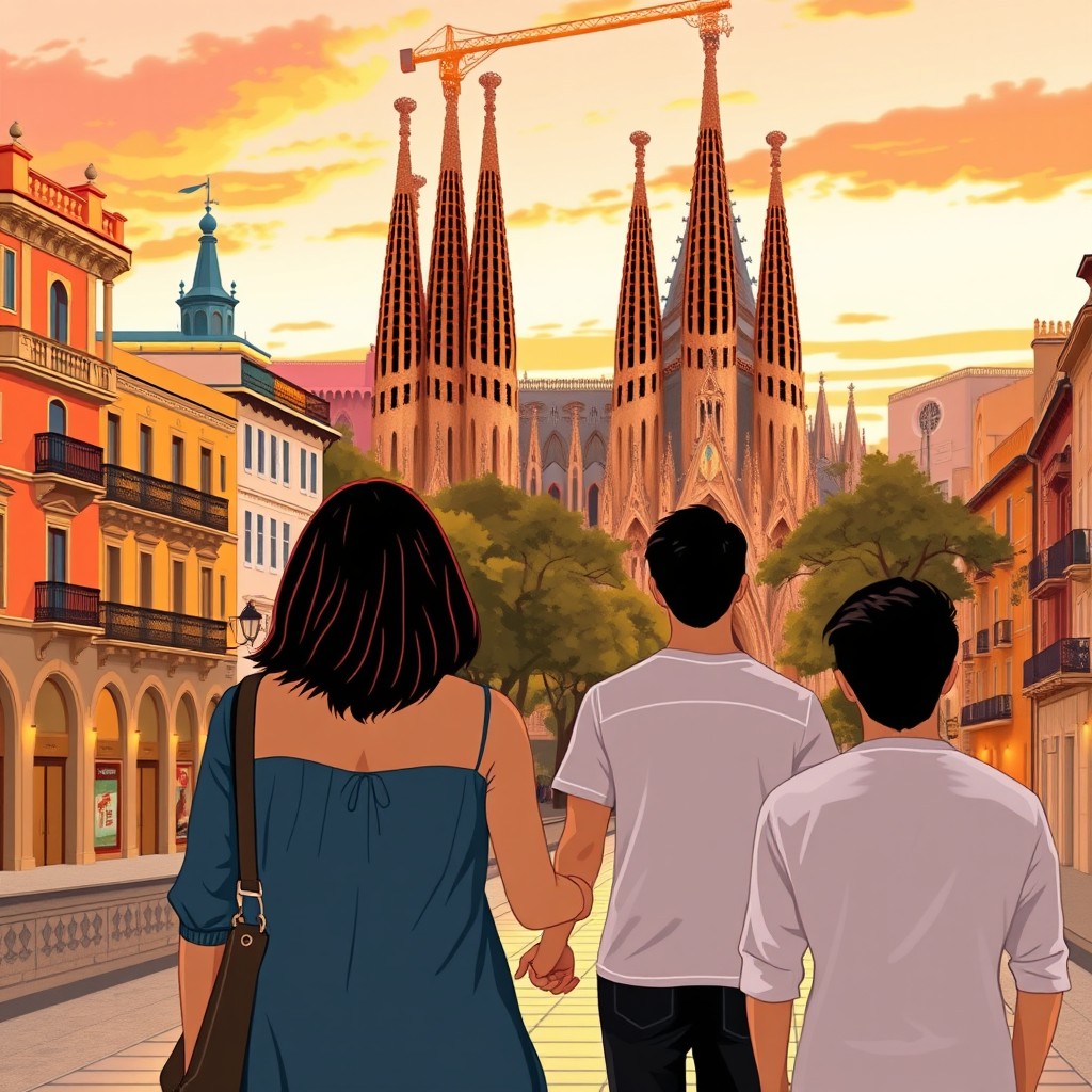 A romantic book cover showing Barcelona at sunset, featuring the Sagrada Família and colorful streets of the Gothic Quarter in the background