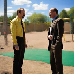 Saul Goodman and Walter White from Breaking Bad, getting close to each other in a lively playground