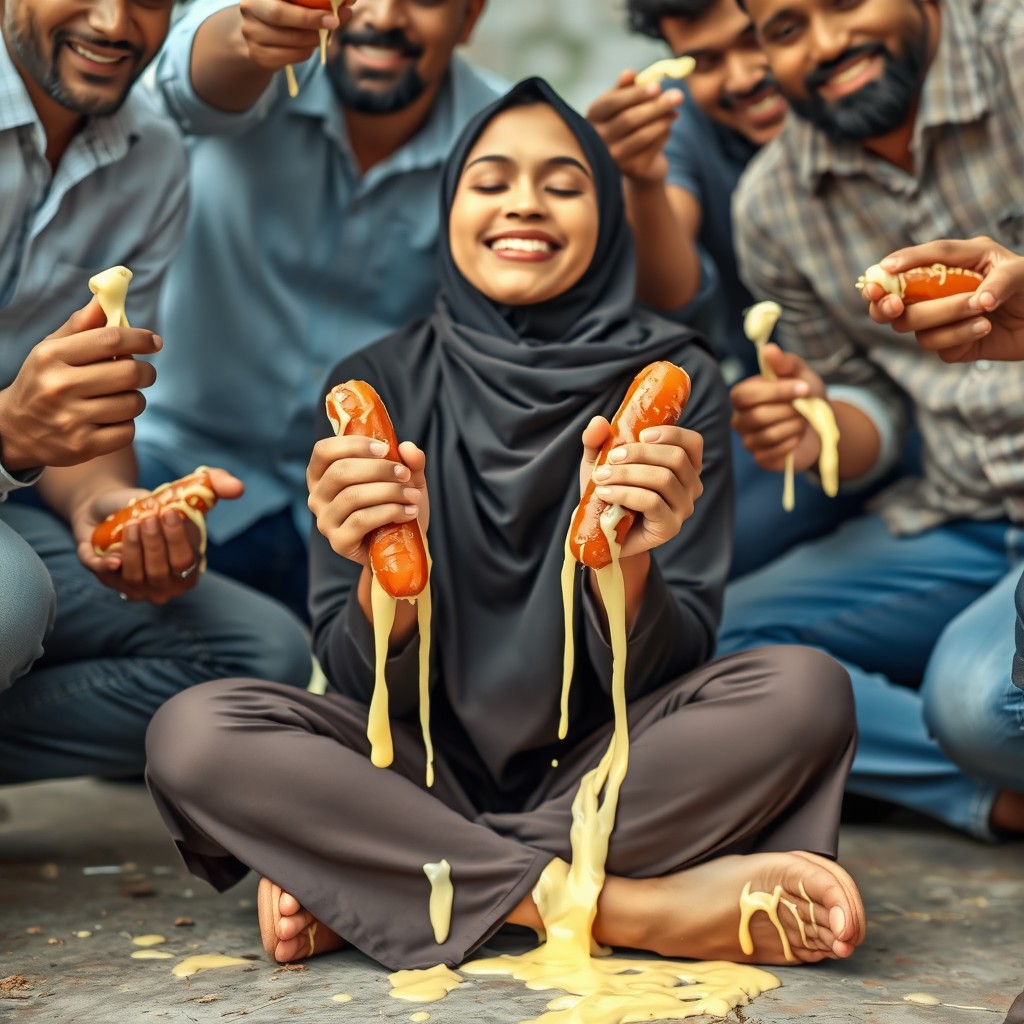 A beautiful Sri Lankan hijabi girl resembling a popular TikTok influencer, sitting crisscross on the ground, joyfully smiling with her eyes closed