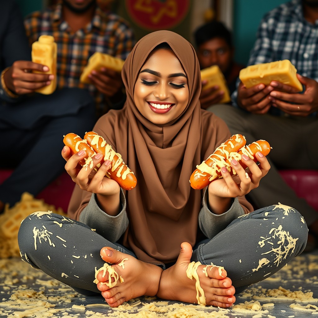 A beautiful Sri Lankan hijabi girl inspired by Mymunah from TikTok, with expertly applied makeup, sitting criss-cross with a charming smile and her eyes closed
