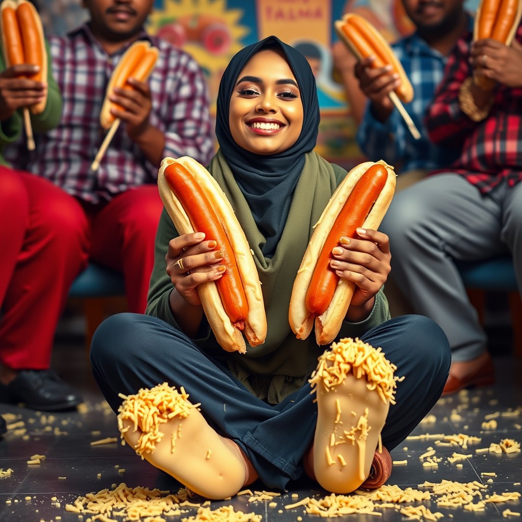 A beautiful Sri Lankan hijabi girl inspired by Mymunah from TikTok, featuring stunning makeup, sitting criss-cross and joyfully smiling with her eyes closed