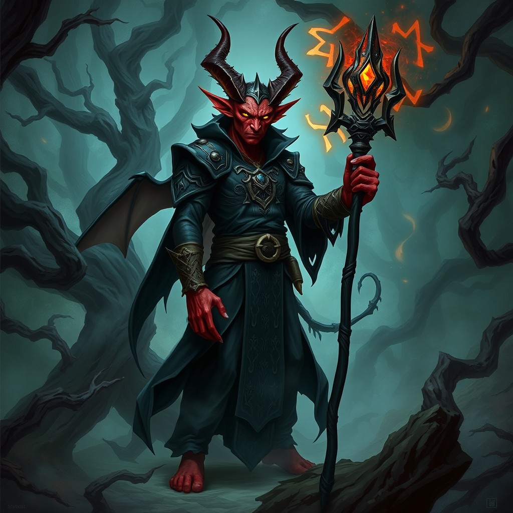 An Abyssal Tiefling Sorcerer standing in a mystical forest, surrounded by swirling dark magic