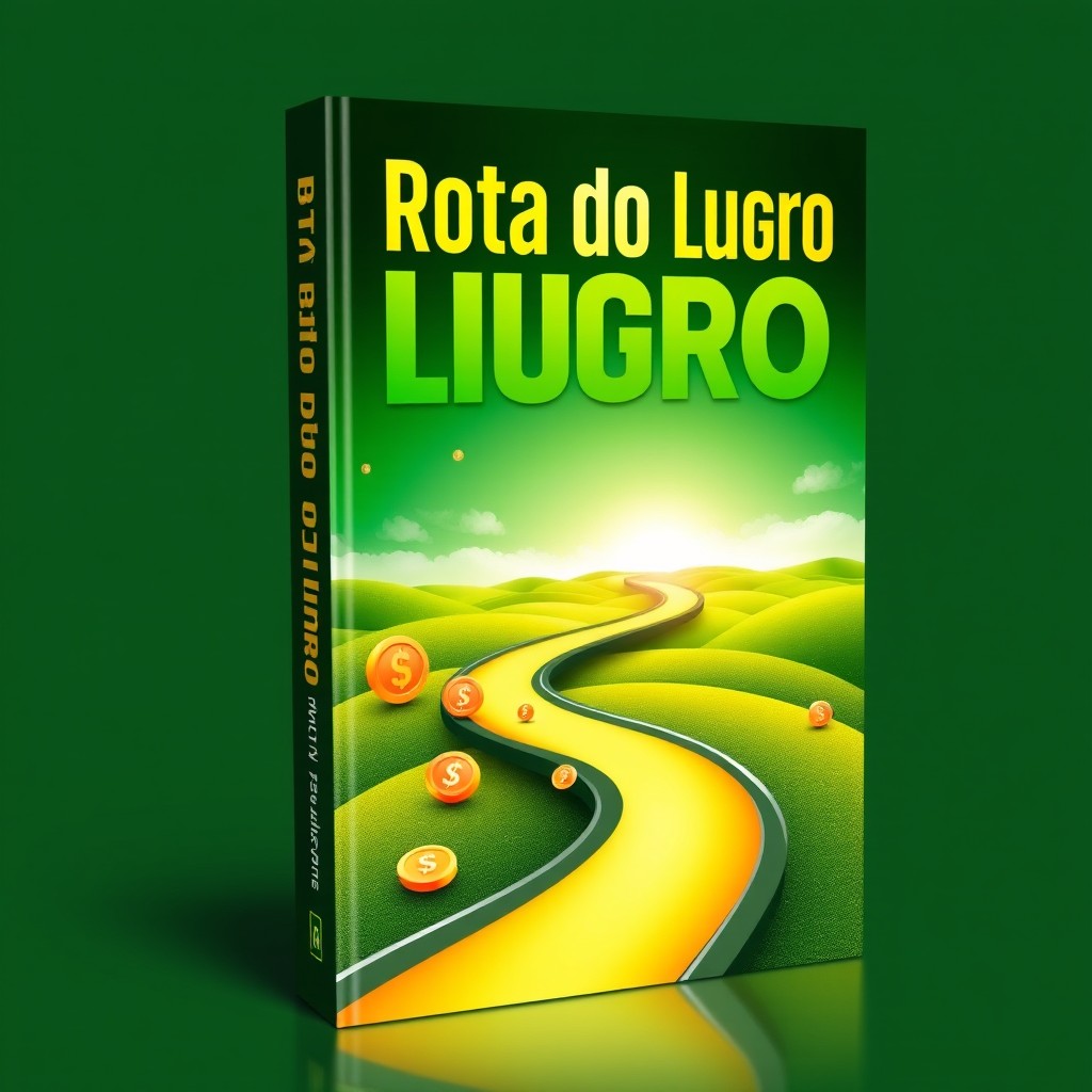 A visually striking book cover for an ebook titled 'Rota do Lucro', featuring a contemporary design with a dynamic road winding through a vibrant landscape