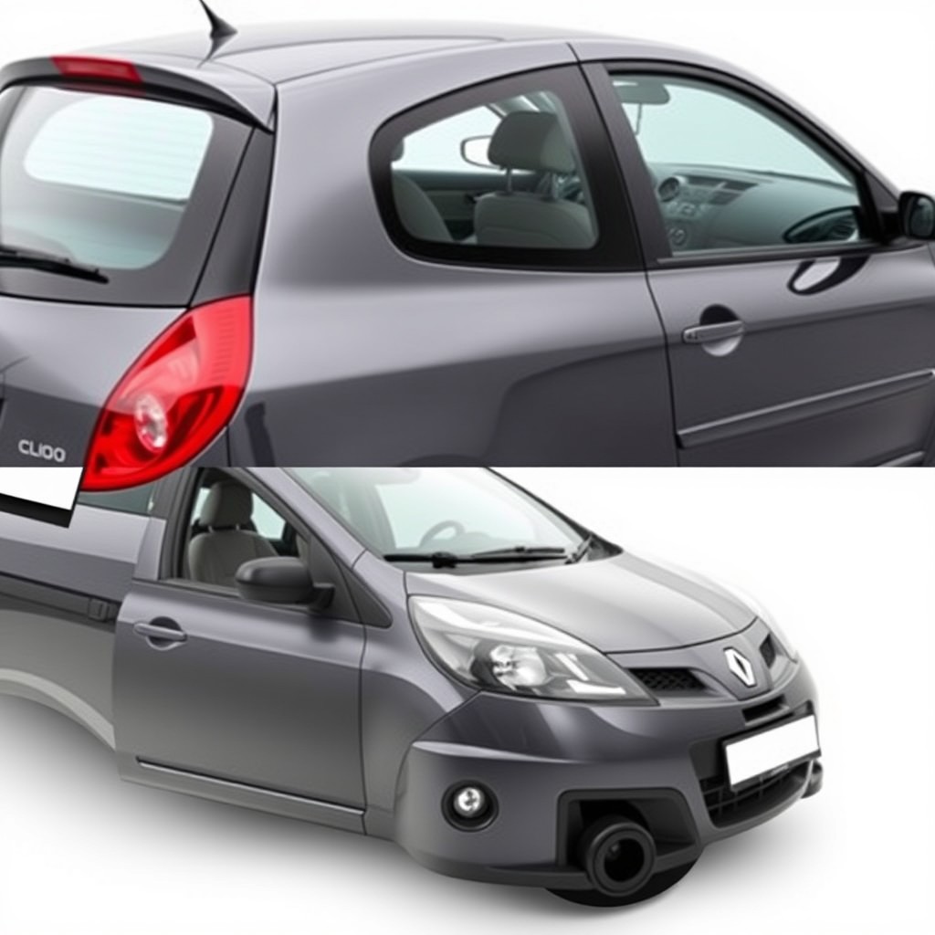 A striking dark gray 2006 Renault Clio with 4 doors, featuring 13-inch black hubcaps and stylish black headlight masks