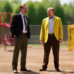 Saul Goodman and Walter White from Breaking Bad, getting close to each other in a lively playground