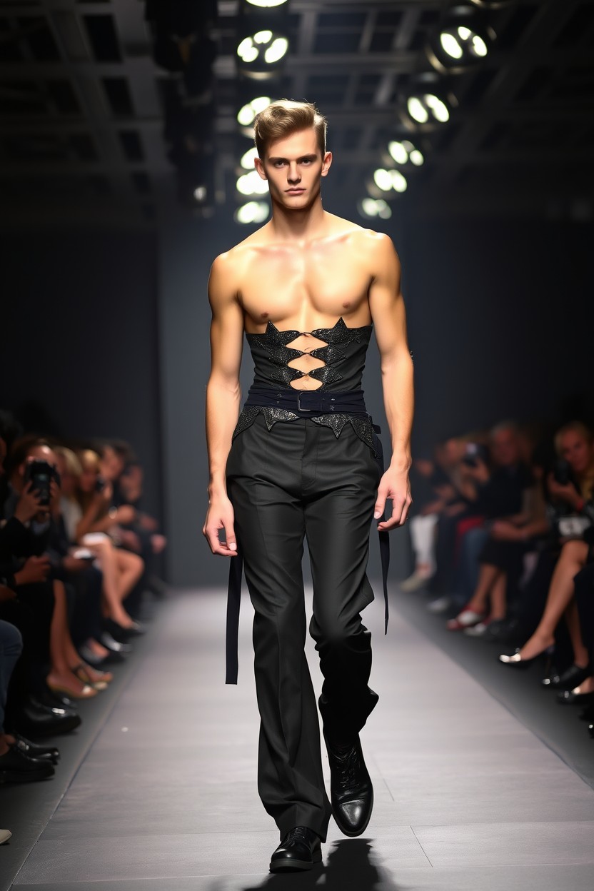 A handsome male model with a slim physique, strutting confidently down a runway in an Alexander McQueen haute couture outfit for men