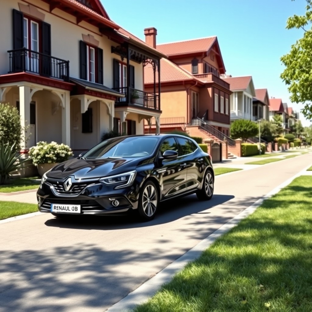 A sleek black Renault Fluente parked on the sidewalk of a beautiful two-story house, with a charming street lined with similar houses in the background