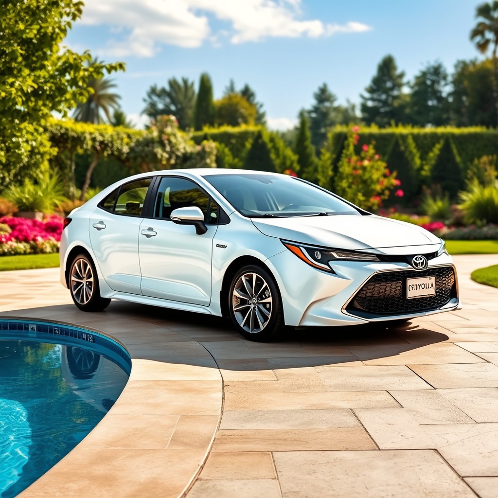 A pristine white 2026 Toyota Corolla parked elegantly in a well-maintained garden near a sparkling swimming pool