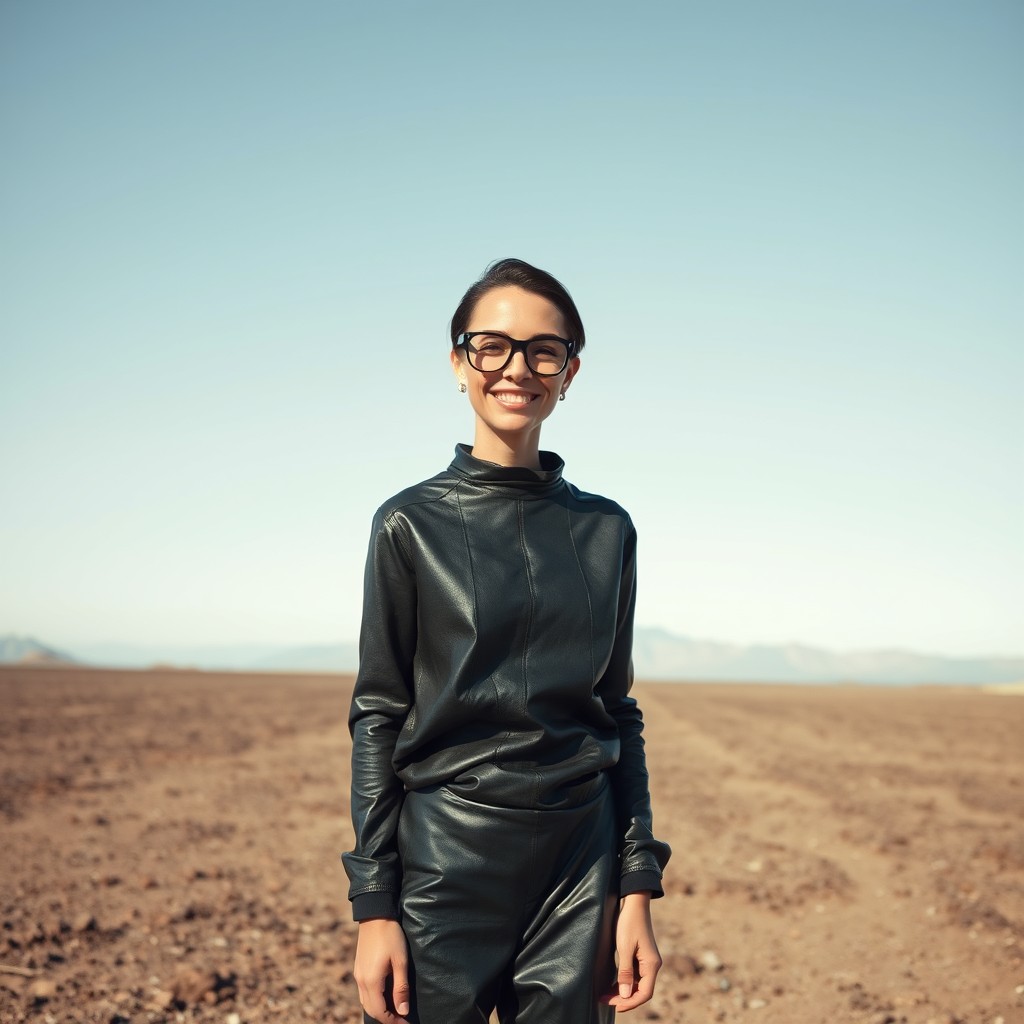 A full body portrait of a tall, beanpole-thin non-binary human wearing stylish rectangular spectacles