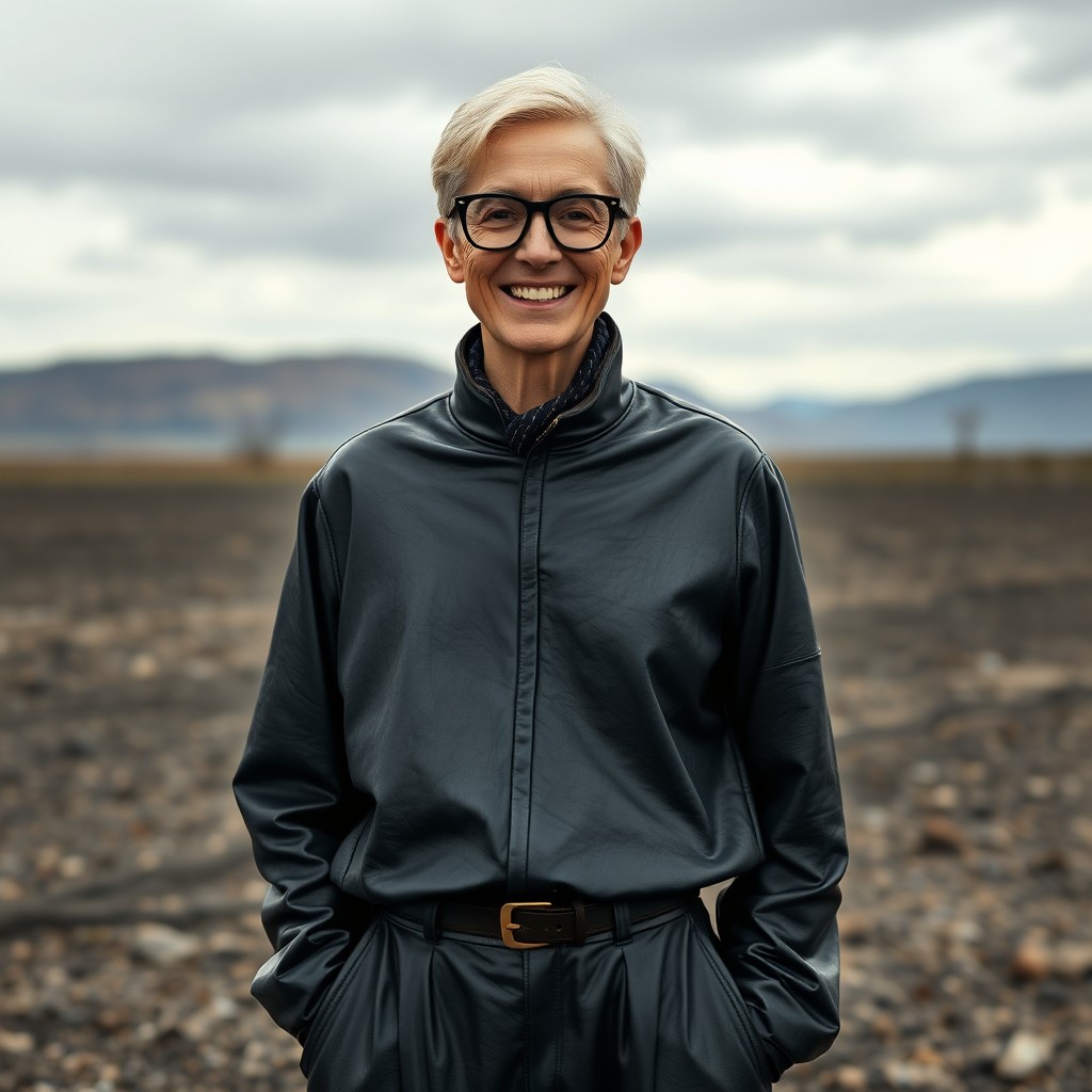 A full body portrait of a tall, beanpole-thin non-binary human in their mid-fifties, wearing stylish rectangular spectacles