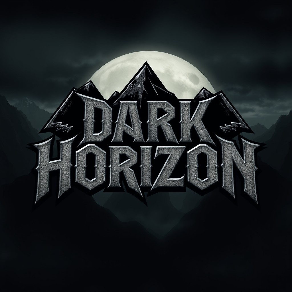 A bold and edgy logo design for a heavy metal band named 'Dark Horizon'