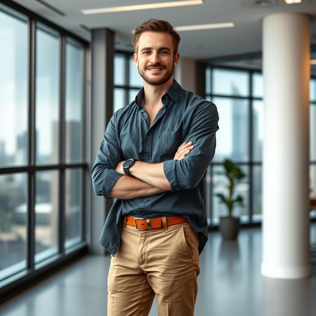 A confident businessman dressed in relaxed, casual clothing