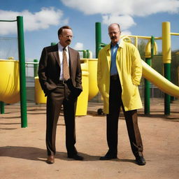 Saul Goodman and Walter White from Breaking Bad, getting close to each other in a lively playground