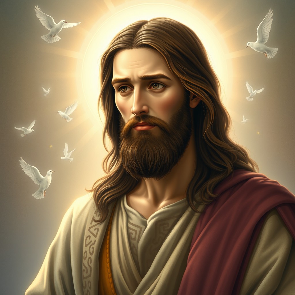 A serene and majestic portrait of Jesus Christ, depicted with an expression of peace and compassion