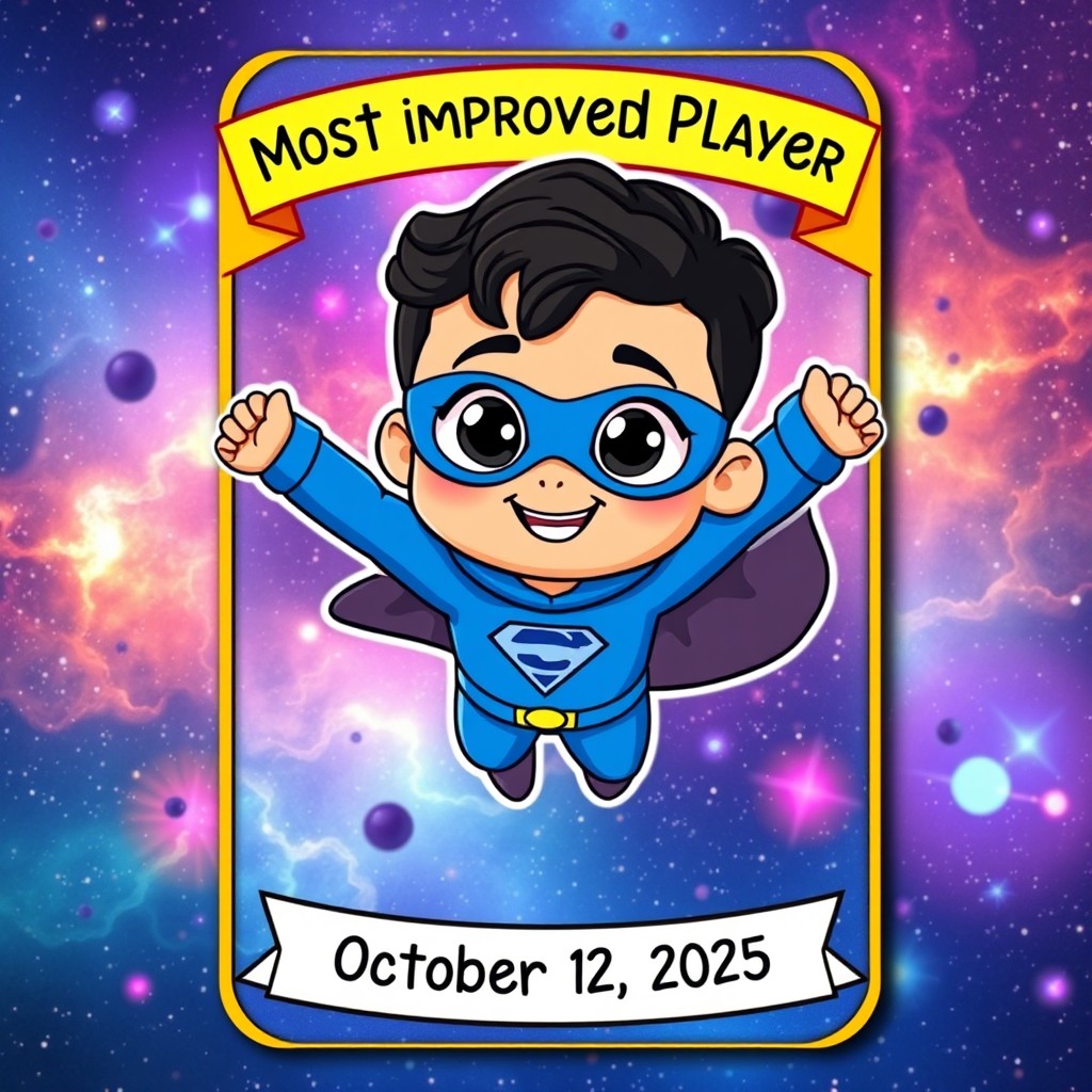 A vibrant and colorful trading card featuring a cartoon superhero version of a 5-year-old boy named Seif