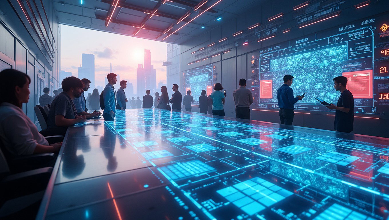 A stunning futuristic digital platform that redefines the digital world, featuring sleek, shimmering surfaces with vibrant holographic displays and interconnected networks of glowing circuits