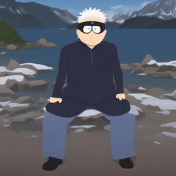 A digital art image portraying Satoru Gojo from Jujutsu Kaisen in the classic South Park style